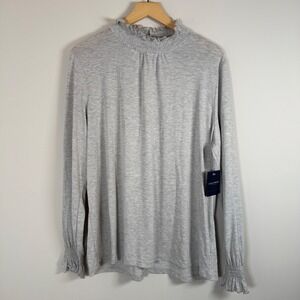 Lucky Brand Gray Long Sleeve Ruffle Trim Mock Neck Smocked Blouse Shirt XL NWT